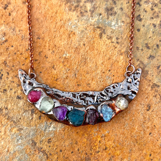 Multi-Gemstone Cheshire Crescent Moon Antiqued Copper Pendant Necklace EP-017-D