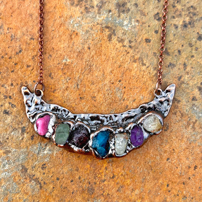 Multi-Gemstone Cheshire Crescent Moon Antiqued Copper Pendant Necklace EP-017-G