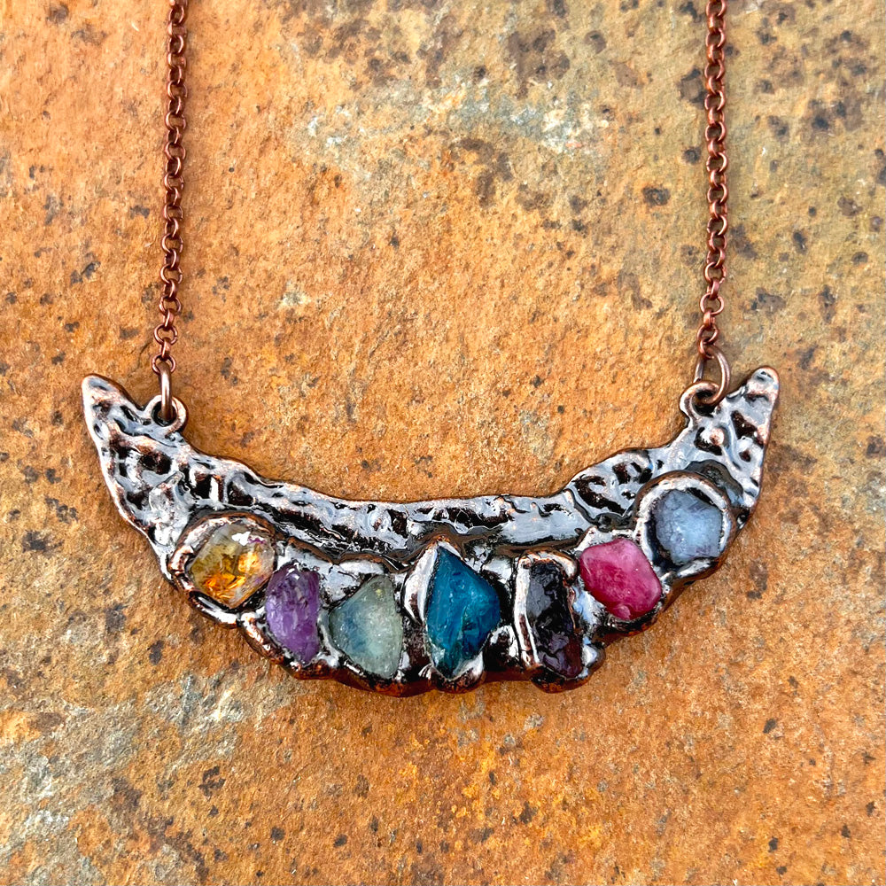 Multi-Gemstone Cheshire Crescent Moon Antiqued Copper Pendant Necklace EP-017-I