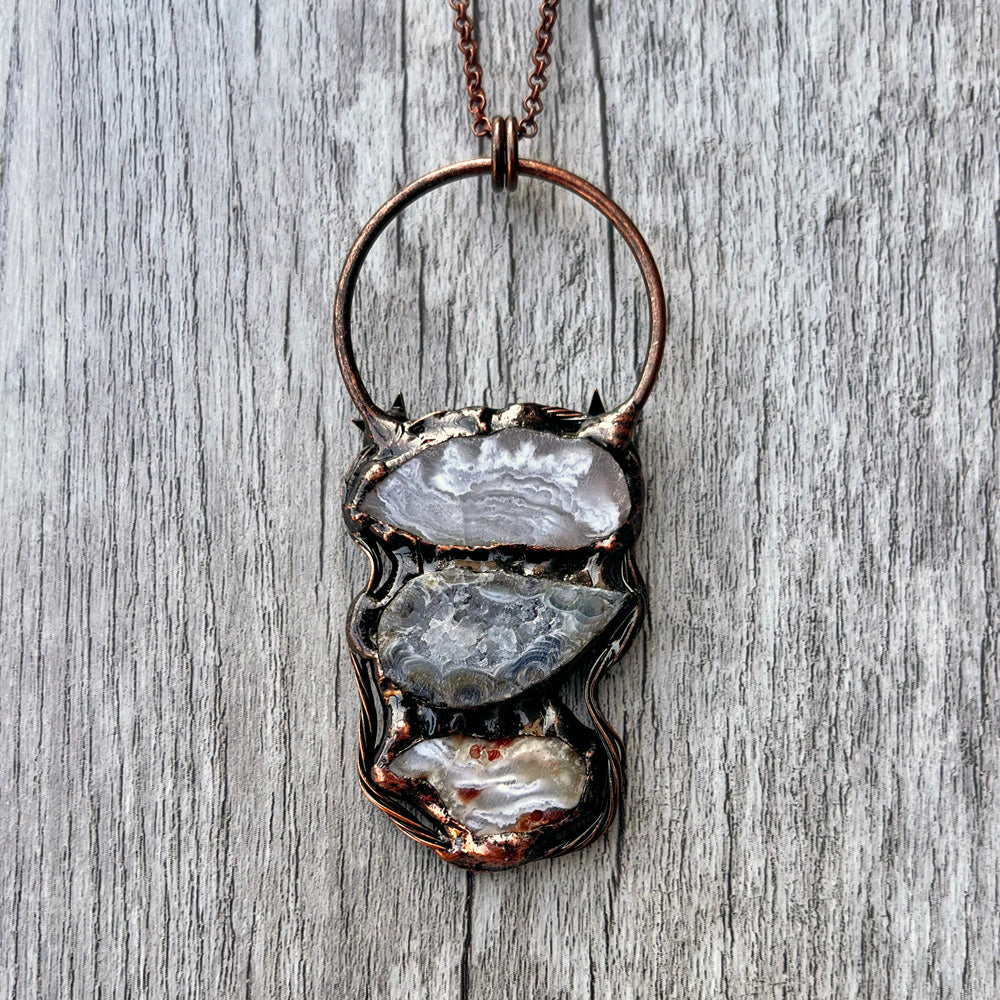 Triple Occo Agate Geode Antiqued Copper Pendant Necklace EP-028-A
