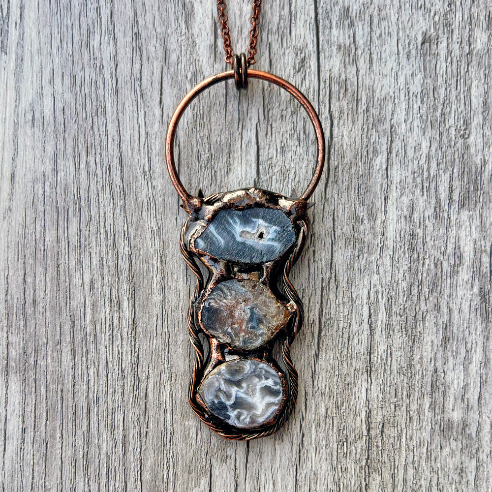 Triple Occo Agate Geode Antiqued Copper Pendant Necklace EP-028-B