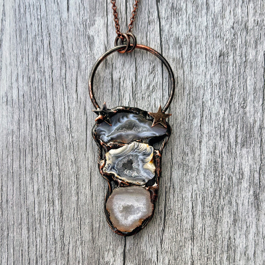 Triple Occo Agate Geode Antiqued Copper Pendant Necklace EP-028-D