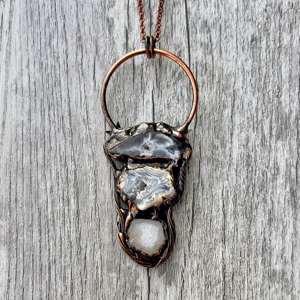 Triple Occo Agate Geode Antiqued Copper Pendant Necklace EP-028-D