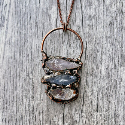 Triple Occo Agate Geode Antiqued Copper Pendant Necklace EP-028-E