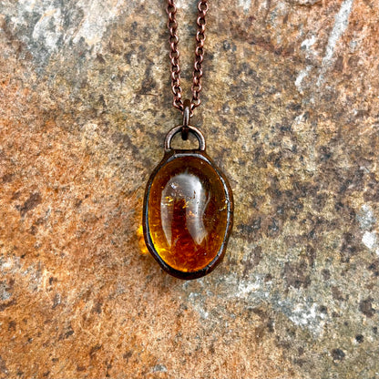 Golden Quartz Pebble Antiqued Copper Pendant Necklace EP-030