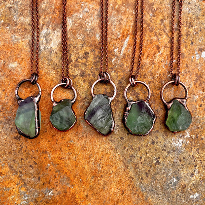 Raw Fluorite Freeform Antiqued Copper Pendant Necklace EP-033