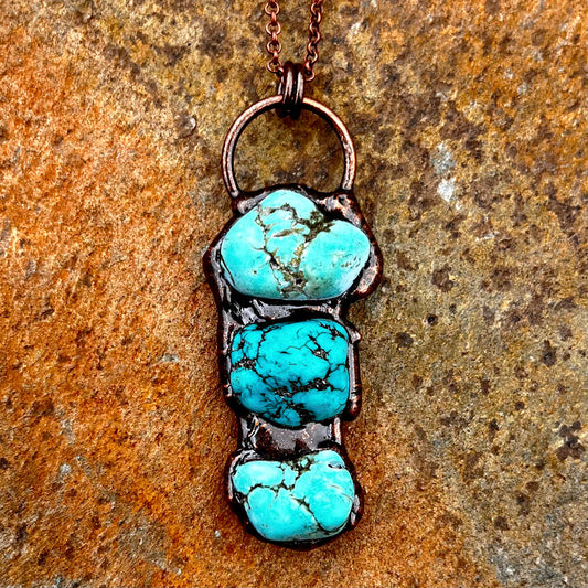 Triple Turquoise Nugget Antiqued Copper Pendant Necklace EP-037-A