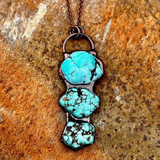 Triple Turquoise Nugget Antiqued Copper Pendant Necklace EP-037-B