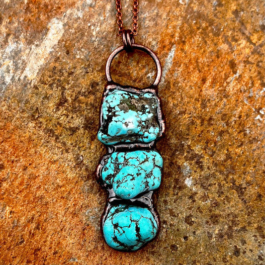 Triple Turquoise Nugget Antiqued Copper Pendant Necklace EP-037-C