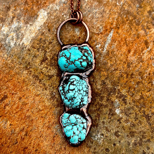 Triple Turquoise Nugget Antiqued Copper Pendant Necklace EP-037-D