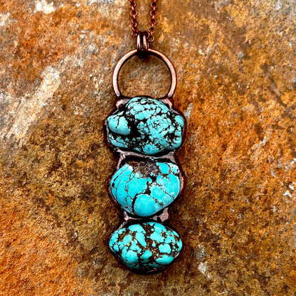 Triple Turquoise Nugget Antiqued Copper Pendant Necklace EP-037-E