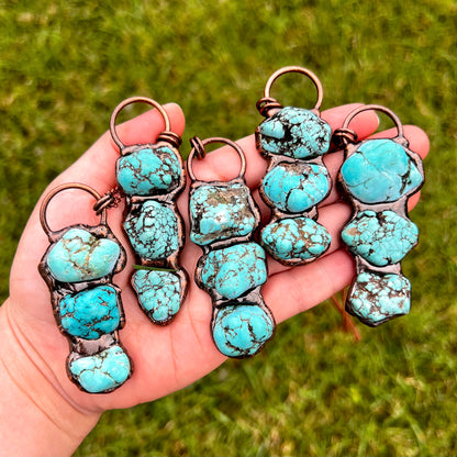 Triple Turquoise Nugget Antiqued Copper Pendant Necklace EP-037-E