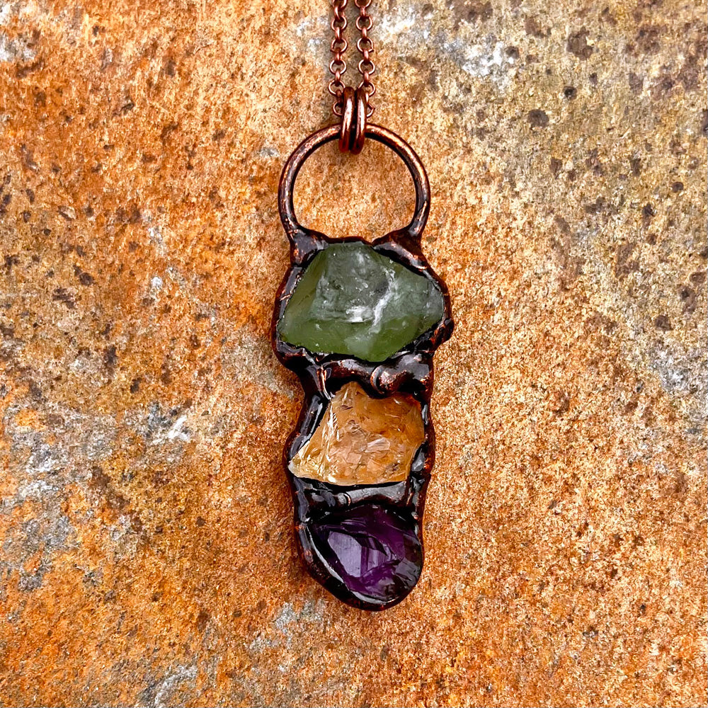 Triple Fluorite Citrine Amethyst Antiqued Copper Pendant Necklace EP-038