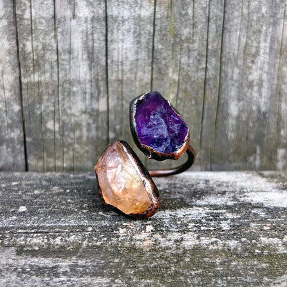 Raw Amethyst and Citrine Antiqued Copper Open Ring ER-002
