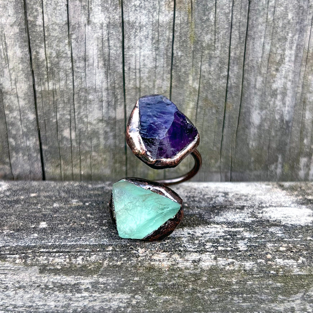 Raw Amethyst and Fluorite Antiqued Copper Open Ring ER-003
