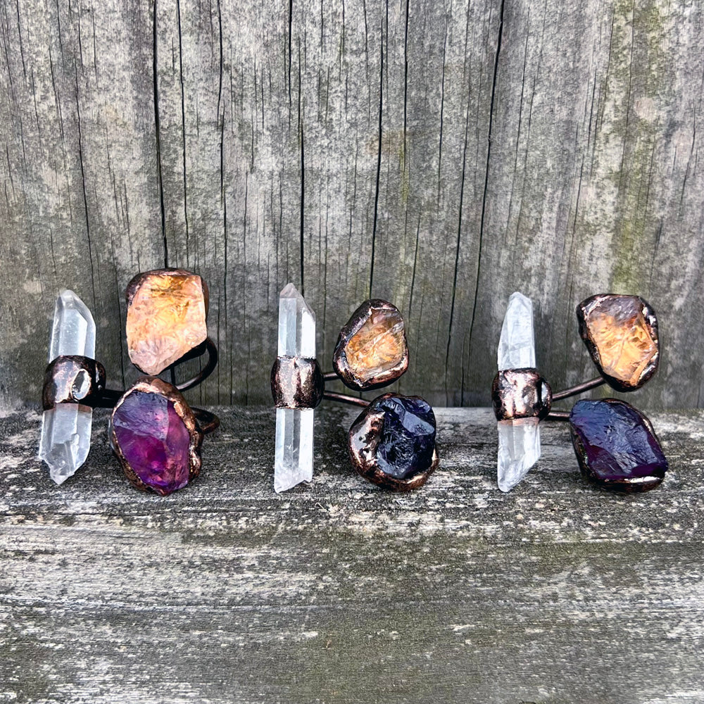 Clear Quartz Point, Raw Amethyst and Citrine Antiqued Copper Open Ring ER-004