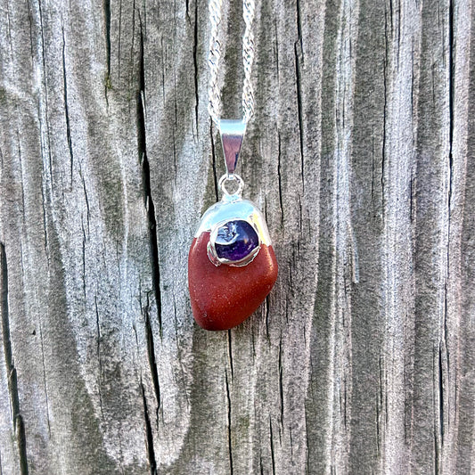 Red Jasper Pebble with Amethyst Accent Silver Pendant Necklace GN-021-D