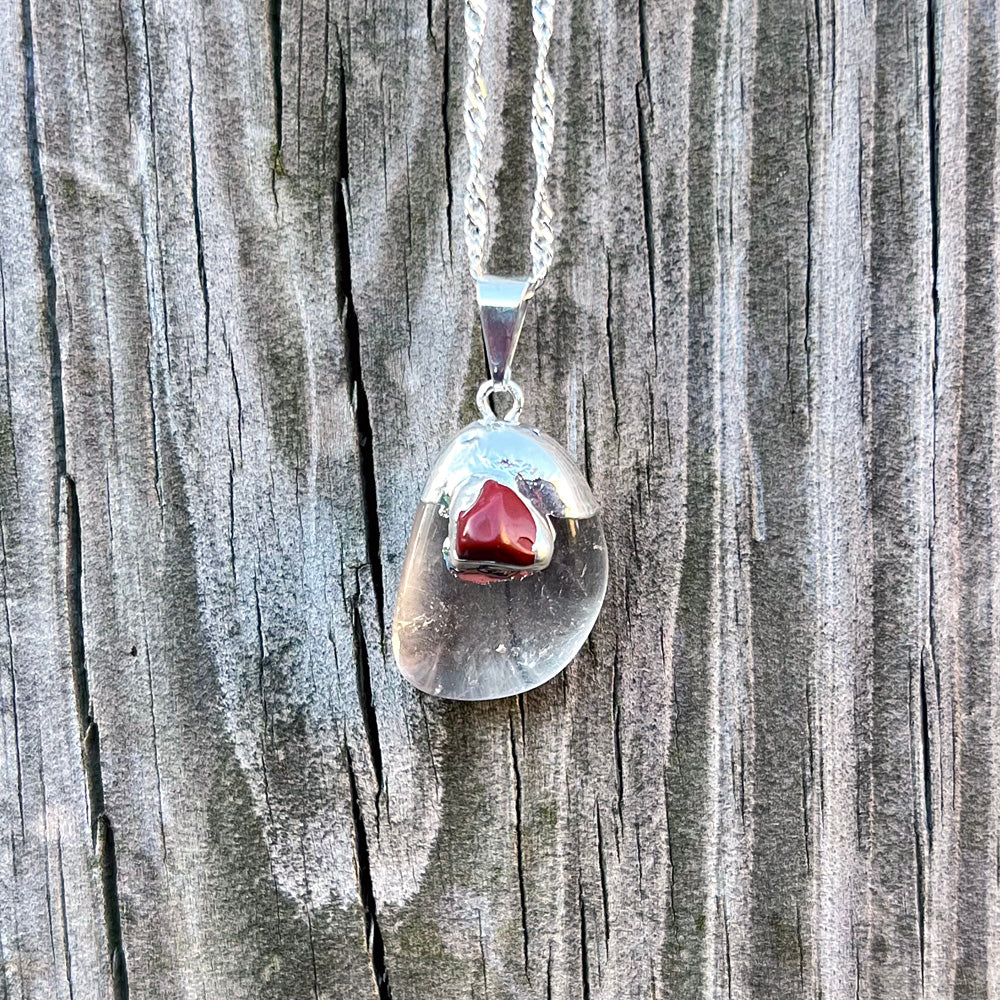Clear Quartz Pebble with Red Jasper Accent Silver Pendant Necklace GN-021-H