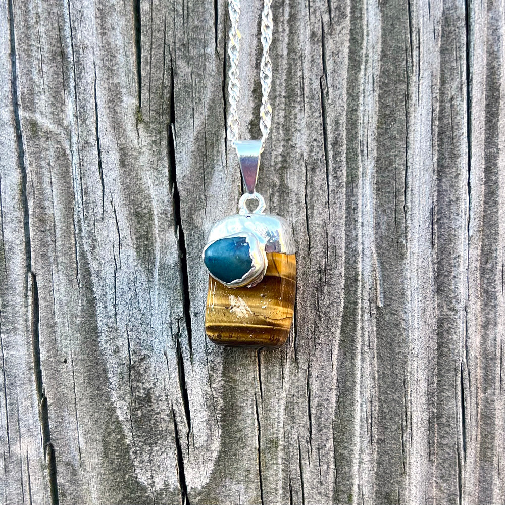 Tiger's Eye Pebble with Teal Agate Accent Silver Pendant Necklace GN-021-J