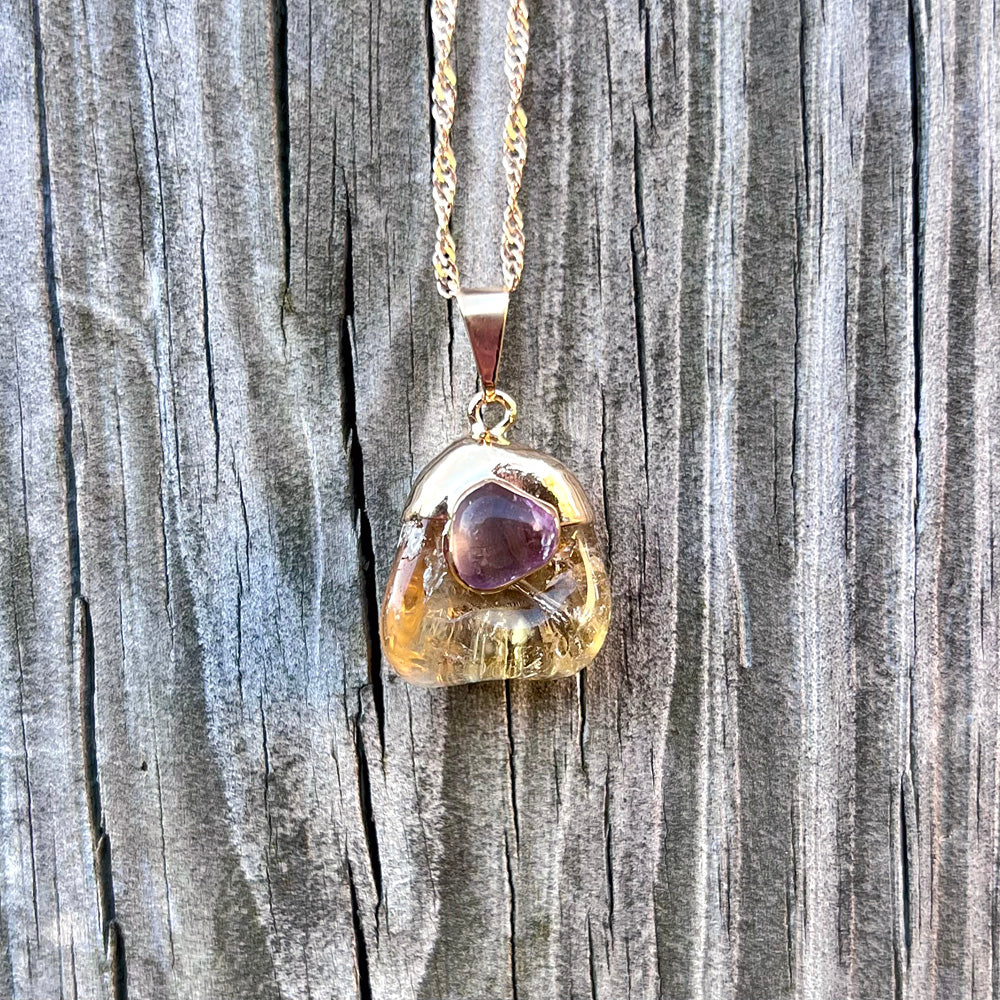 Citrine Pebble with Amethyst Accent Gold Pendant Necklace GN-022-C