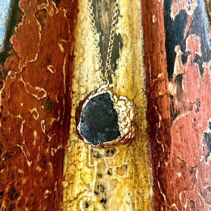 Black Agate Druzy Slice Gold-Plated Pendant Necklace GN-023-J-2