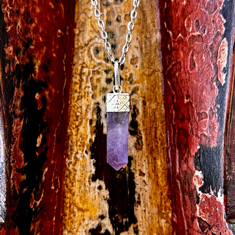 Amethyst Natural Gemstone Point Alpaca Silver Pendant Necklace GN-024-A