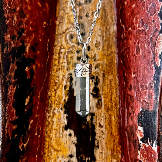 Clear Quartz Natural Gemstone Point Alpaca Silver Pendant Necklace GN-024-C
