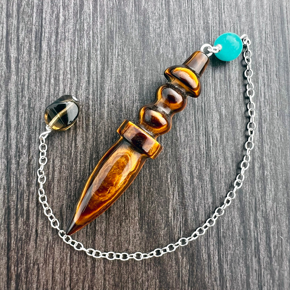 Tiger's Eye, Amazonite and Smoky Quartz Egyptian Pendulum GP-201