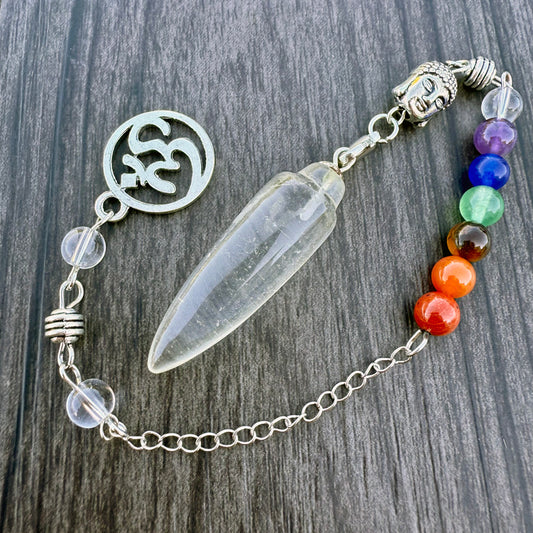 Clear Quartz Elongated Teardrop Pendulum with Buddha Chakra Chain GP-226