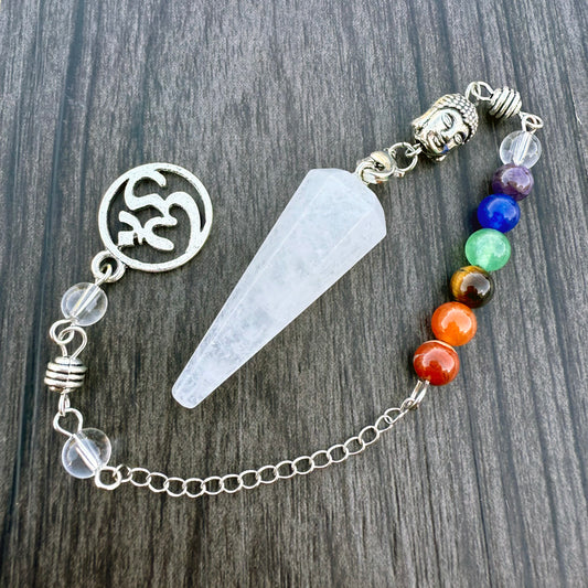 Rock Quartz Elongated Faceted Pendulum with Buddha Chakra Chain GP-230