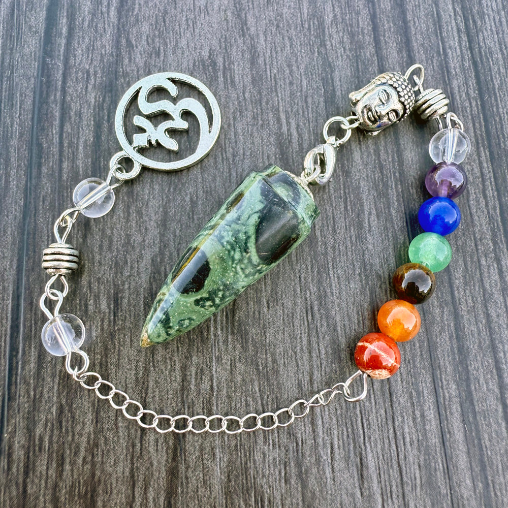 Kambaba Jasper Teardrop Pendulum with Buddha Chakra Chain GP-231