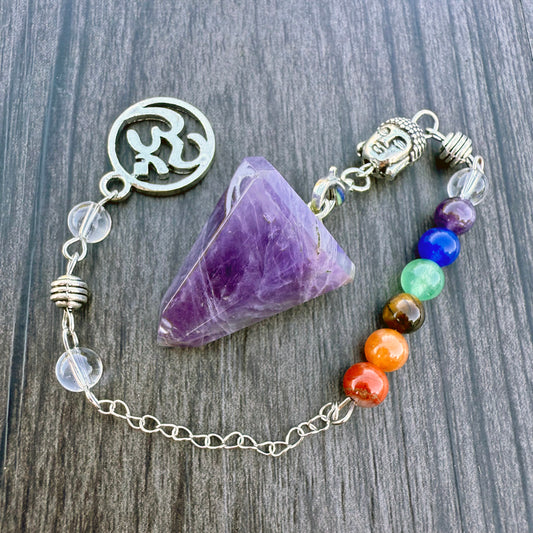 Amethyst Triangular Faceted Pendulum with Buddha Chakra Chain GP-233