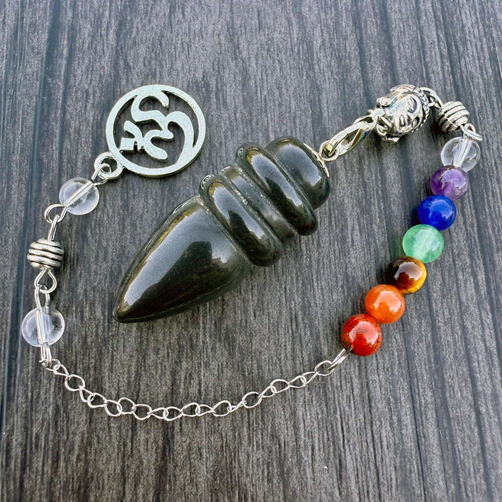 Black Agate Egyptian Pendulum with Buddha Chakra Chain GP-235