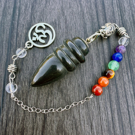 Black Agate Egyptian Pendulum with Buddha Chakra Chain GP-235