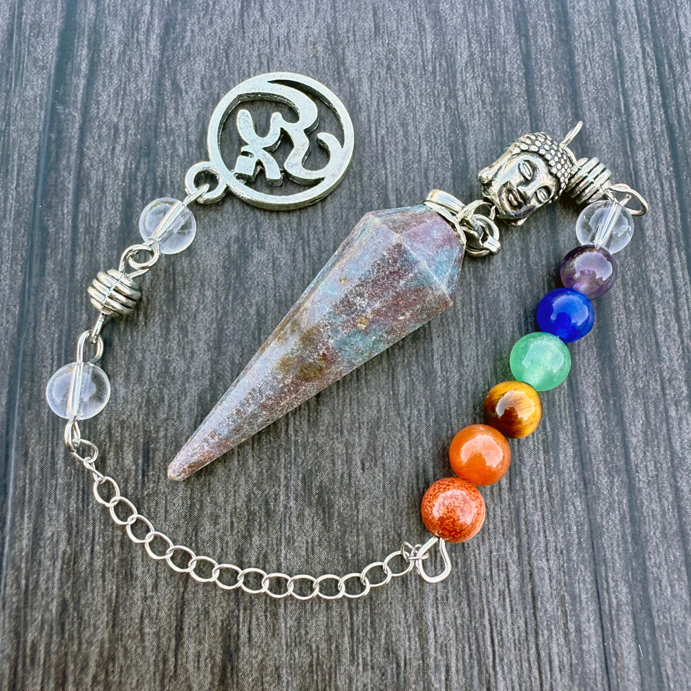 Ruby Kyanite 12-Sided Faceted Pendulum with Buddha Chakra Chain GP-240