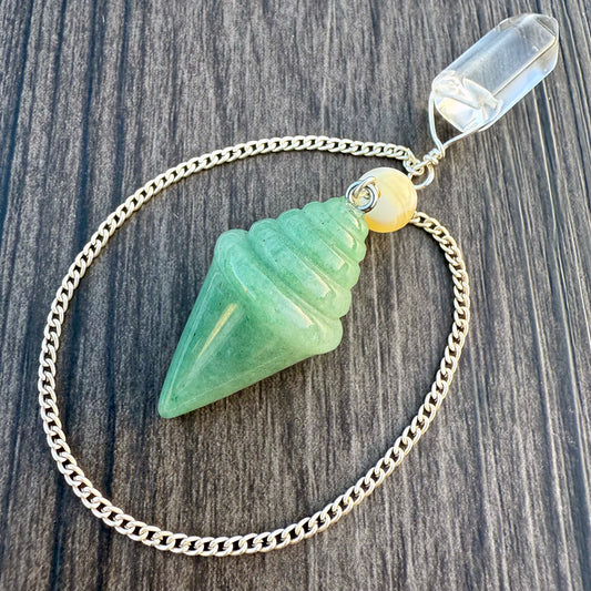 Green Aventurine, Calcite and Clear Quartz Ice Cream Cone Pendulum GP-242