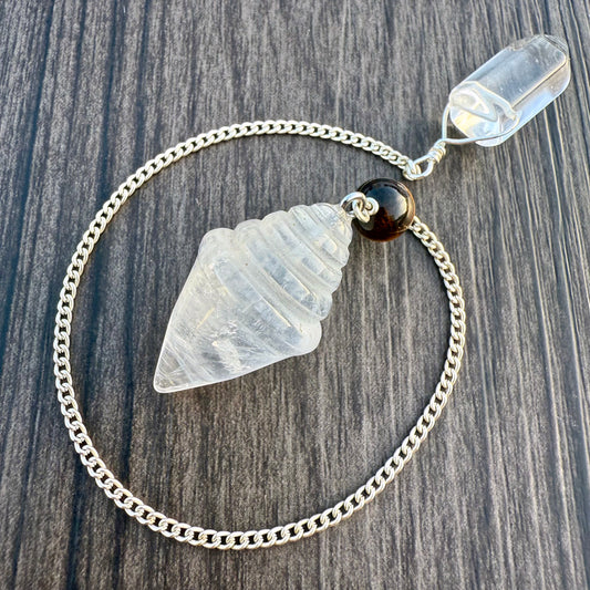 Rock Quartz, Tiger's Eye and Clear Quartz Ice Cream Cone Pendulum GP-244