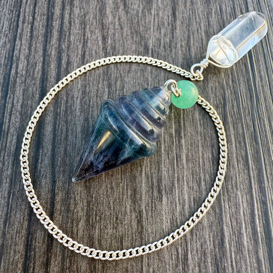 Purple Fluorite, Green Fluorite and Clear Quartz Ice Cream Cone Pendulum GP-245