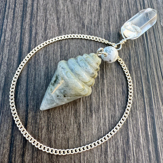 Labradorite, White Howlite and Clear Quartz Ice Cream Cone Pendulum GP-246