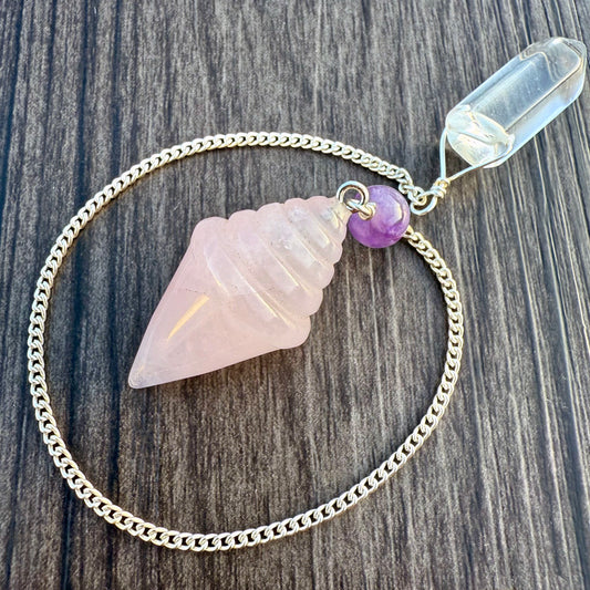 Rose Quartz, Amethyst and Clear Quartz Ice Cream Cone Pendulum GP-247