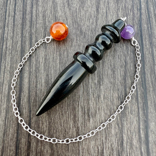 Black Agate, Amethyst and Crab Fire Agate Egyptian Pendulum GP-259