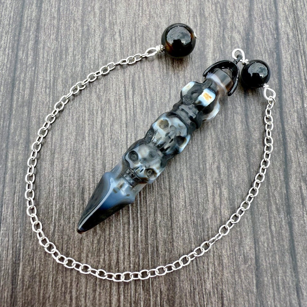 Dark Tibetan Agate, Sardonyx and Espresso Agate Skull Totem Pendulum GP-266