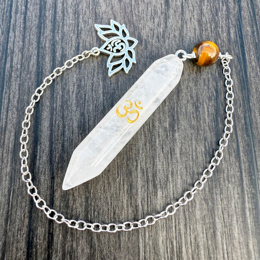 Clear Quartz, Tiger's Eye and Lotus Om Meditation Pendulum GP-271