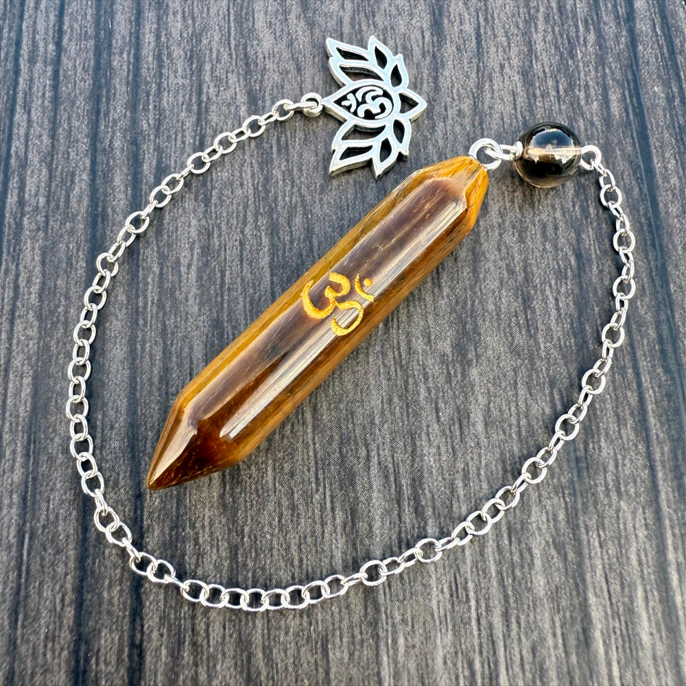 Tiger's Eye, Smoky Quartz and Lotus Om Meditation Pendulum GP-273