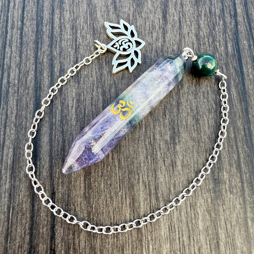 Fluorite, Bloodstone and Lotus Om Meditation Pendulum GP-274