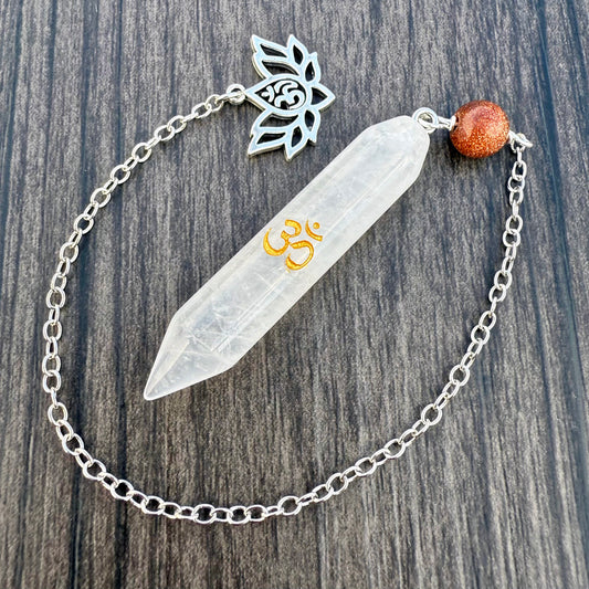 Clear Quartz, Goldstone and Lotus Om Meditation Pendulum GP-276