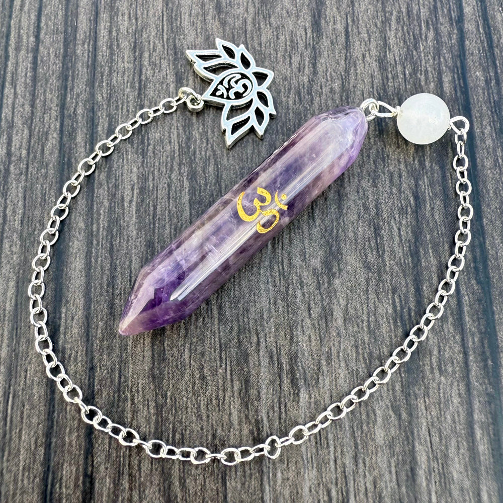 Amethyst, Snow Quartz and Lotus Om Meditation Pendulum GP-278