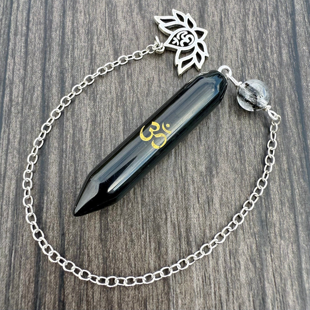 Black Obsidian, Black Rutilated Quartz and Lotus Om Meditation Pendulum GP-280