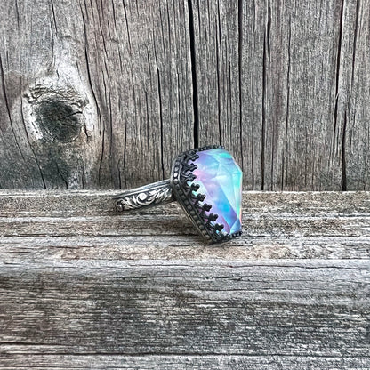 Aurora Opal Faceted Coffin Sterling Silver Ring US 8.5 CG-2023-F