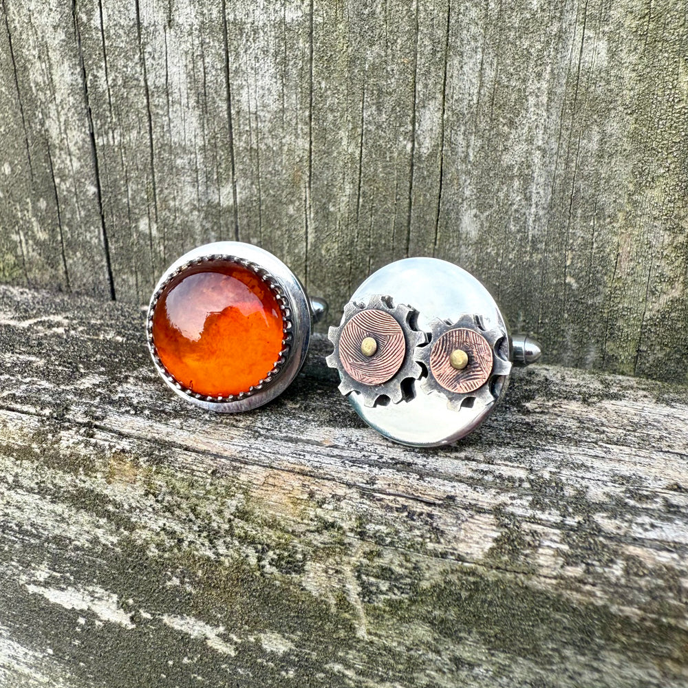 Asymmetrical Amber and Gears Cufflinks